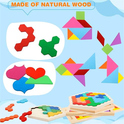7 Pack Wooden Tangrams Puzzle Set Wooden Hexagon Puzzles Wood Russian Blocks Geometric Block Brain Teaser for Kids Adults 3D Logic Intelligence IQ Game Gift (7 Count)