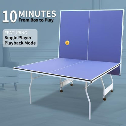 8ft/9ft Mid-Size Table Tennis Table Foldable & Portable Ping Pong Table Set for Indoor Games with Net, 2 Table Tennis Paddles and 3 Balls