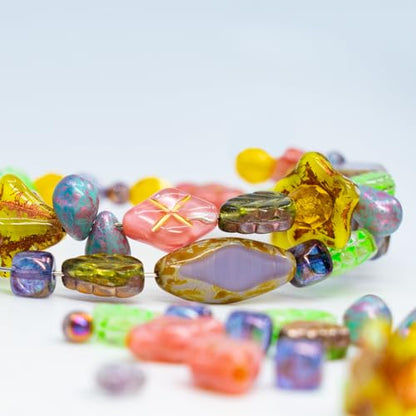 1.4oz (40g) Limited Mix of Czech Glass Beads, Hand Made Set Kit, Purple Spindl Yellow Petunia Glass Beads Mix 001