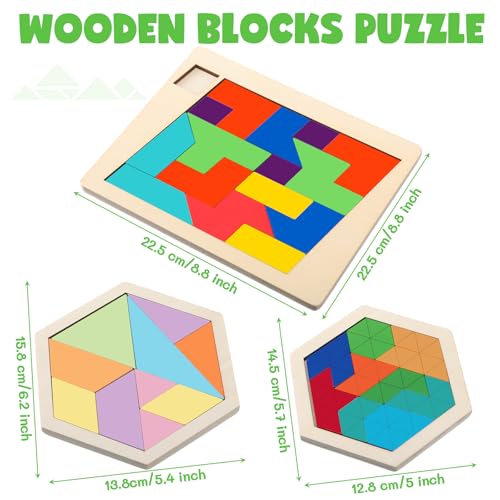 3 Pack Large Wooden Blocks Puzzles Hexagon Tangram Puzzle Wooden Russian Brain Puzzles for Adult Challenge Teasers Geometric Jigsaw Logic Iq STEM Educational Gift Graduation (3 Count)