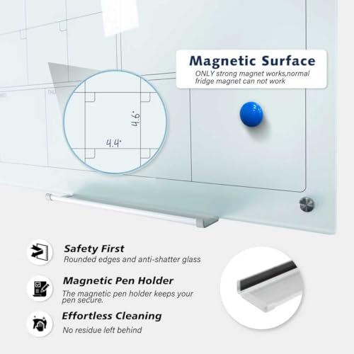 Magnetic Glass Whiteboard Calendar 48"x36" Glass Dry Erase Calender Board 36"x48" Monthly Plan White GlassBoard Wall Mounted for Office School Home