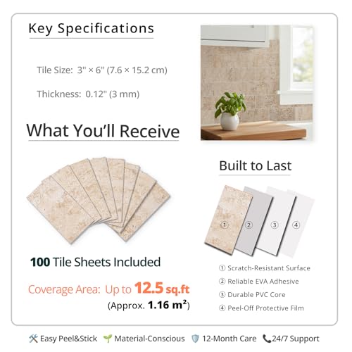 100 Pieces Peel and Stick Backsplash for Kitchen (12.5 Sq Ft)
