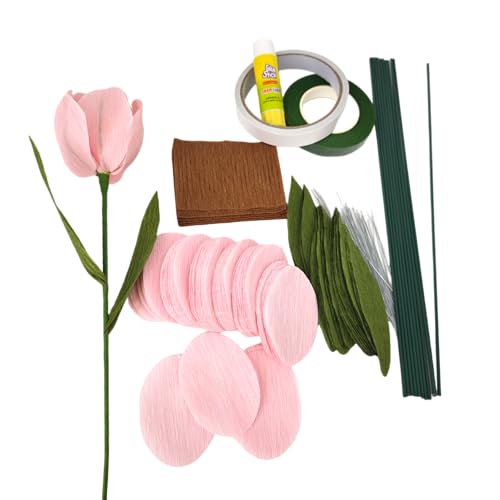 Pink Crepe Paper Tulip for Home Decor DIY Kit with Floral Tape & 12 Wire Stems DIY Craft Projects Crepe Paper Flower (217 Count)