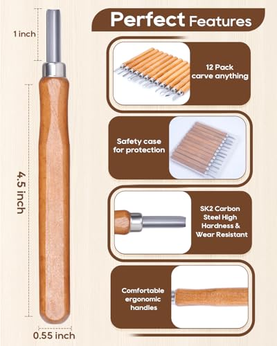 12 Pack Linocut Wood Carving Tools Set Wood Carving Kit Whittling Gift (12 Count)