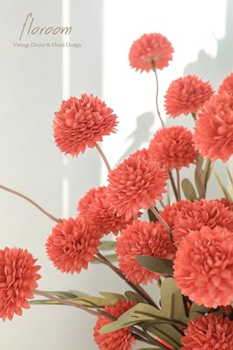 5pcs Coral Orange Faux Silk Mums Artificial Flowers (25 Count)