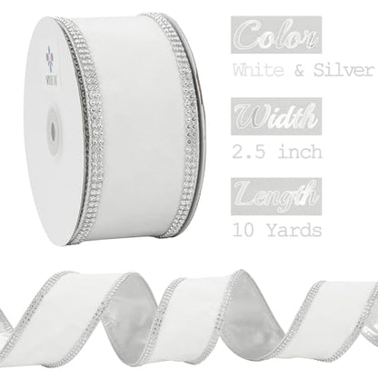 White Velvet with Rhinstone Edge Wired Ribbon 2.5 Inch Luxury Jeweled Ribbon 5 Yards Sparkling Rhinestone Trim for Christmas Tree (15 Foot)