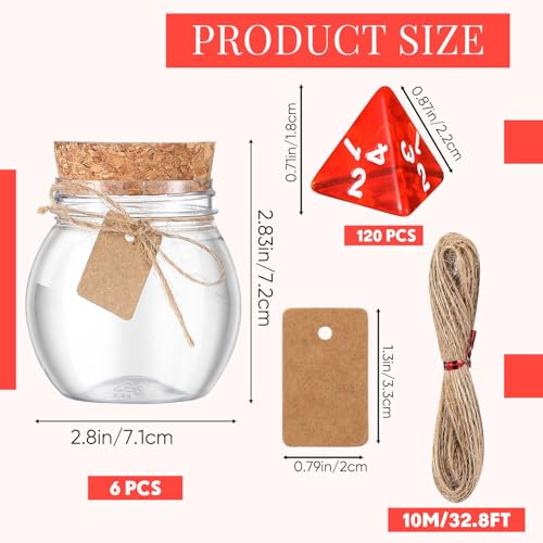 120 Pcs Transparent Red D4 Dice 6 Pcs Healing Potion Bottle Plastic Favor Jars with Cork Lids Polyhedral Dice Set for Table Games Role Play Accessory Party Favors (6 Count)
