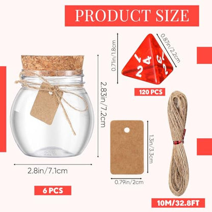 120 Pcs Transparent Red D4 Dice 6 Pcs Healing Potion Bottle Plastic Favor Jars with Cork Lids Polyhedral Dice Set for Table Games Role Play Accessory Party Favors (6 Count)