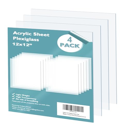 Plexiglass Sheets Acrylic Sheets 4 Pack of 12x12’’ 0.04 Thick Clear Plastic Cast Transparent Plexi Glass for Crafting Projects