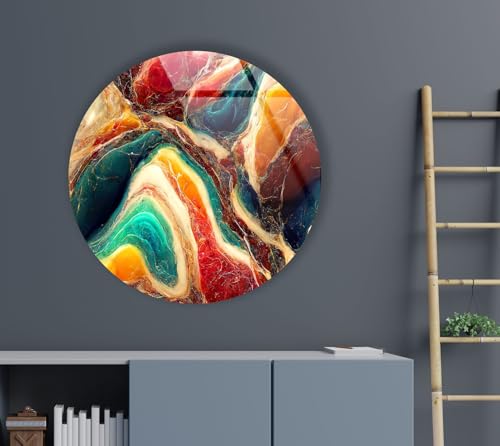 15.8''(40cm) Diameter Colorful Marble Swirl Round Wall Art Abstract Glass Decor with Earthy Tones & Gemstone Texture