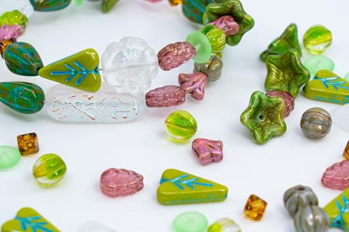 1.4oz (40g) Limited Mix of Czech Glass Beads, Hand Made Set Kit, Crystal AB Table Cut Hawaii Green Leaves Glass Beads Mix 002