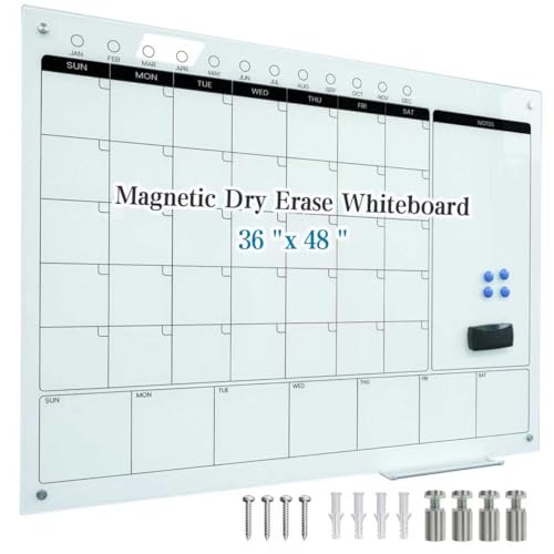 Magnetic Glass Whiteboard Calendar 48"x36" Glass Dry Erase Calender Board 36"x48" Monthly Plan White GlassBoard Wall Mounted for Office School Home