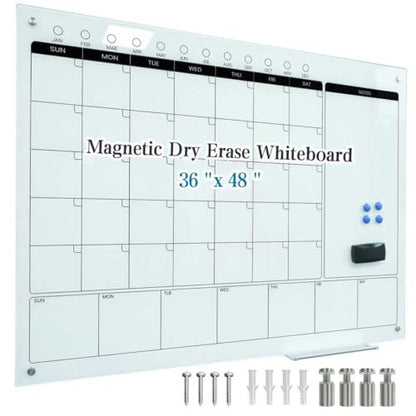 Magnetic Glass Whiteboard Calendar 48"x36" Glass Dry Erase Calender Board 36"x48" Monthly Plan White GlassBoard Wall Mounted for Office School Home