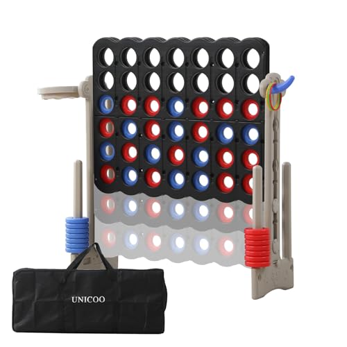 Jumbo 4-in-a-Row Game Set, Height Adjustable Indoor Outdoor Yard Game with Basketball Hoop, Ring Toss & Carrying Bag, Family Party Lawn Game for Kids and Adults (Grey & Black)