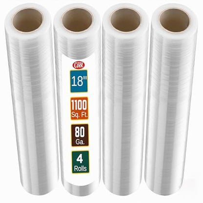 4 Pack Stretch Wrap 18 Inch 80 Gauge Shrink Wrap (1100 Sq Ft)