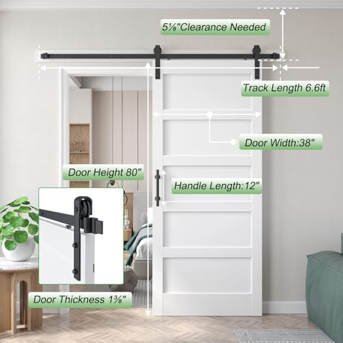 38x80 inch White Barn Door with 6.6 FT Sliding Door Hardware Kit Included & Handle