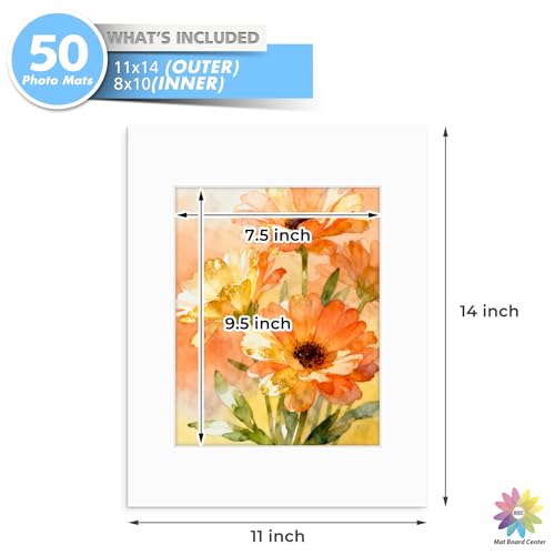 Mat Board Center 50 Pack 11x14 Picture Mat for 8x10 Photo White (50 Count)