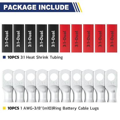 20PCS Battery Cable Lug & Heat Shrink Kit 1 AWG 3