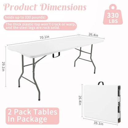 2 Pack 6 Feet Portable Folding Table White