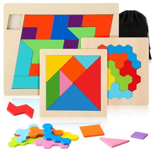 3 Pack Large Wooden Blocks Puzzles Hexagon Tangram Puzzle Wooden Russian Brain Puzzles for Adult Challenge Teasers Geometric Jigsaw Logic Iq STEM Educational Gift Graduation (3 Count)