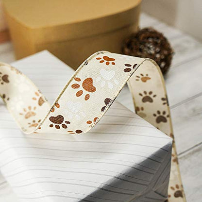 Ivory Canvas Dog Paw Wired Ribbon 1.5 Inch x 10 Yards for Christmas Home Decor Tree Topper Bow Gift Wrapping DIY Crafts Wreath Garland (30 Foot)