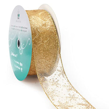 Organza with Gold Glitter Snowflakes Wired Ribbon 2.5 inch x 50 Yards for Christmas Home Decor Tree Topper Bow Gift Wrapping DIY Crafts Wreath Garland Wedding (150 Foot)