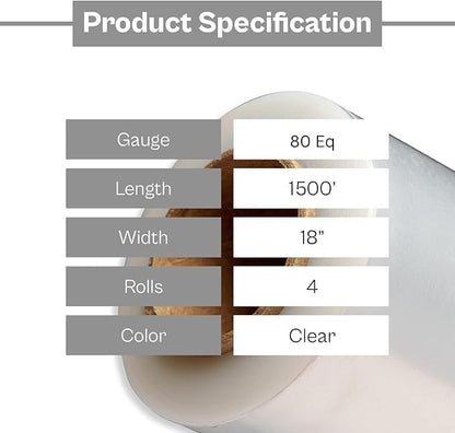 PSBM Stretch Wrap, 4 Pack, 17 Inch x 1476 Feet, 48 Gauge, Clear Plastic Cling, Cast Hand Stretch Film Rolls for Packaging Moving Packing Pallets