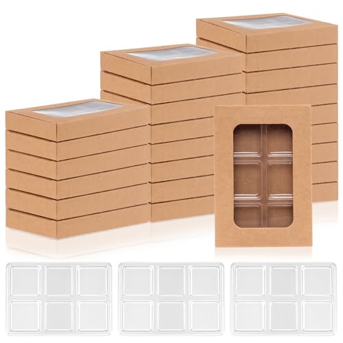 50 PCS Gift Boxes for Wax Melts 6 Cavity Plastic Mold with Box Kraft Wax Melt Boxes Crystal Clear Wax Melt Molds Wax Melts Containers for Wax Cubes Wax Tarts Wax Block (50 Count)