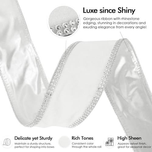 White Velvet with Rhinstone Edge Wired Ribbon 2.5 Inch Luxury Jeweled Ribbon 5 Yards Sparkling Rhinestone Trim for Christmas Tree (15 Foot)