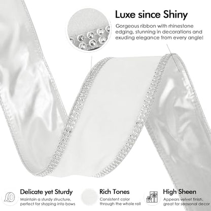 White Velvet with Rhinstone Edge Wired Ribbon 2.5 Inch Luxury Jeweled Ribbon 5 Yards Sparkling Rhinestone Trim for Christmas Tree (15 Foot)