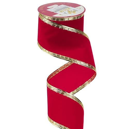 2.5 Inch Red Velvet Christmas Ribbon 10 Yards Velvet Wired Ribbons with Gold Greek Key Edge Ribbons Red Ribbon for Christmas Tree Decoration (30 Foot)