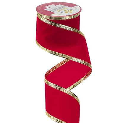 2.5 Inch Red Velvet Christmas Ribbon 10 Yards Velvet Wired Ribbons with Gold Greek Key Edge Ribbons Red Ribbon for Christmas Tree Decoration (30 Foot)
