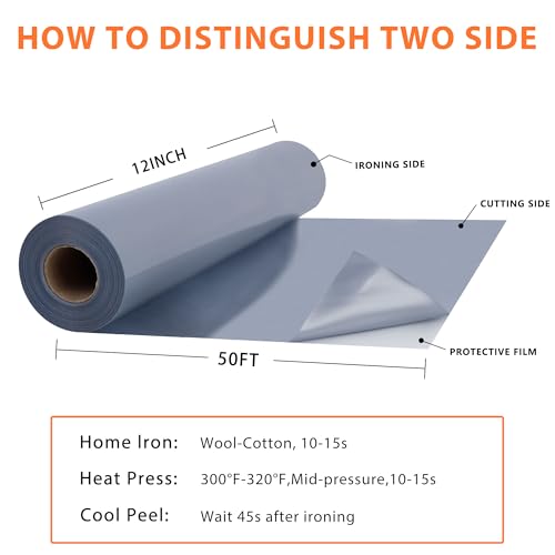 RENLITONG Silver Iron on Vinyl 12Inch by 50ft Roll Heat Transfer Vinyl for T