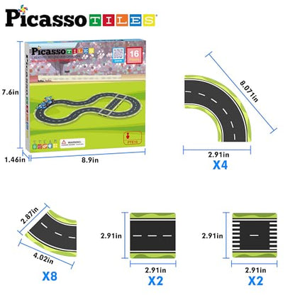 Magnetic Building Tiles Car Track Magnet Vehicle Adventure Theme Printed Street Road Runway Speedway Highway Block Construction Expansion Add (16 Count)