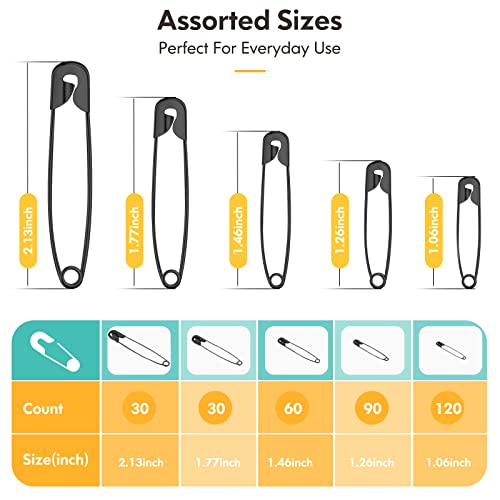 340 Pack Black Safety Pins Assorted (340 Count)