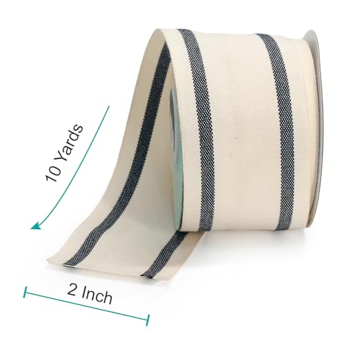 Ivory Cotton Black Stripes Ribbon 2" x 10 Yards for Home Décor Gift Present Wrapping DIY Crafts Birthday Wedding Bouquet Christmas (30 Foot)
