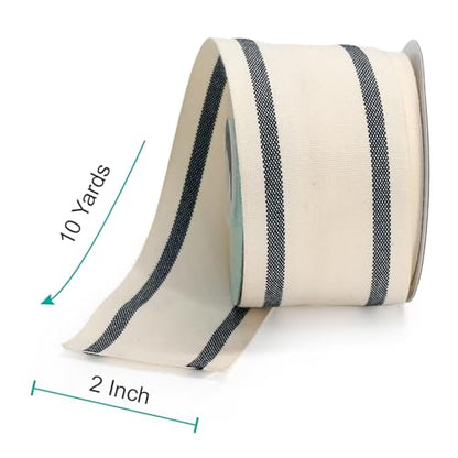 Ivory Cotton Black Stripes Ribbon 2" x 10 Yards for Home Décor Gift Present Wrapping DIY Crafts Birthday Wedding Bouquet Christmas (30 Foot)