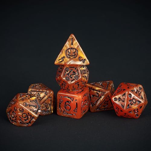 7 Die DND Dice Set Scary Pattern Polyhedral Dice Set with Dice Bag (7 Count)
