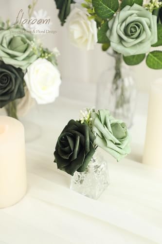 Artificial Flowers 25pcs Real Looking Emerald Green Ombre Colors Foam Fake Roses with Stems for DIY Wedding Bouquets Bridal Shower Centerpieces Sage Green Floral Arrangements Tables Decoration (25 Count)