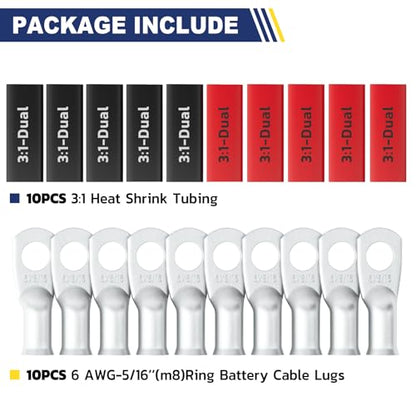 20PCS Battery Cable Lug & Heat Shrink Kit 6 AWG 5