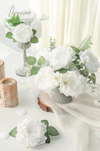 Artificial Flowers 16pcs 4" White Blooming Peonies Real Looking Foam Fake Peony with Stems for DIY Wedding Bouquets Bridal Shower Centerpieces Floral Arrangements Party Tables Home Decorations (16 Count)