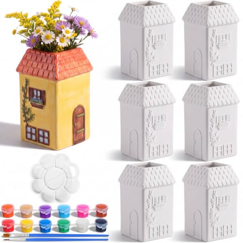 6 Pcs Ceramic House Vases Back to School Painting Kit Bisque Ready to Paint (6 Count)