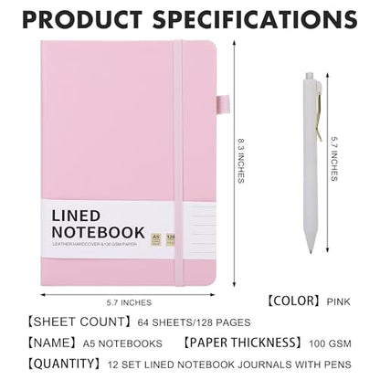 12 Set Lined Notebook Journals with Pens A5 Notebooks 100 GSM College Ruled Hardcover Notebook PU Leather Notepad with Pen Holder for Office School (60 Count)