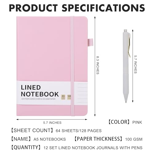 12 Set Lined Notebook Journals with Pens A5 Notebooks 100 GSM College Ruled Hardcover Notebook PU Leather Notepad with Pen Holder for Office School (60 Count)