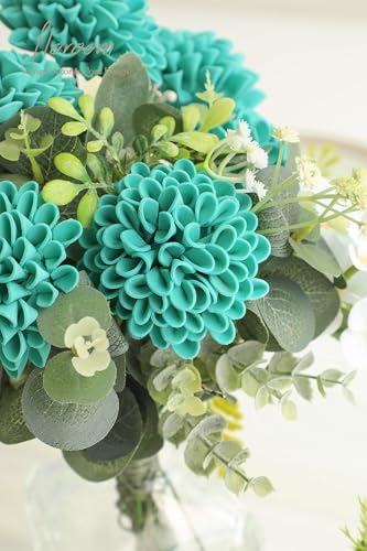 Artificial Dahlia Flowers 25pcs Real Looking Teal Green Foam Fake Roses with Stems for DIY Wedding Bouquets Bridal Shower Centerpieces Floral Arrangements Party Tables Home Decoration (25 Count)