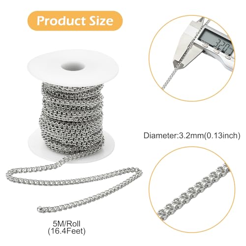 16.4 Feet(5m) 304 Stainless Steel Cross Chain Unfinished Cable Chains Link with Spool Roll Stainless Steel Chain Bulk for Jewelry Making - 3.2mm