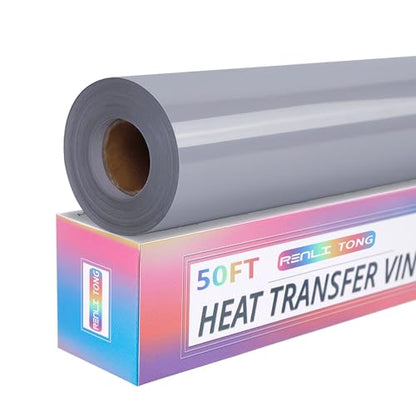 RENLITONG Grey Iron on Vinyl 12Inch by 50ft Roll Heat Transfer Vinyl for T