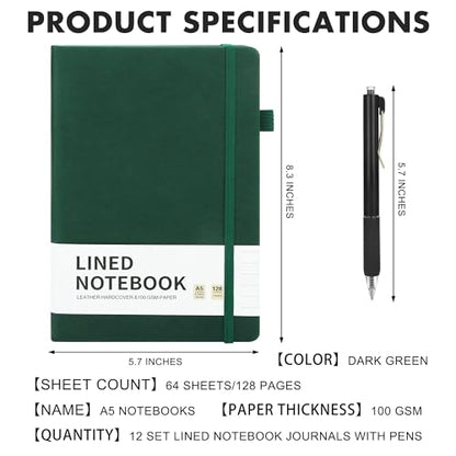 12 Set Lined Notebook Journals with Pens A5 Notebooks 100 GSM College Ruled Hardcover Notebook PU Leather Notepad with Pen Holder for Office School (60 Count)
