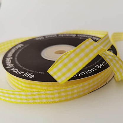 Yellow and White Gingham Plaid Checked Ribbon 25 Yards Per Roll Checkerd Craft 100% Polyester