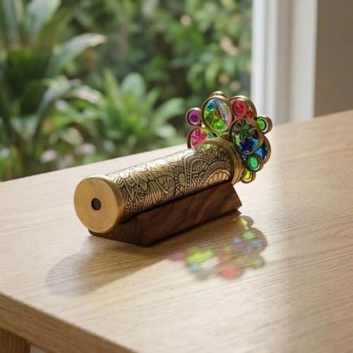 Handcrafted Etched Floral Pattern Lacquered Brass Kaleidoscope Includes Two Separate Turning Wheels